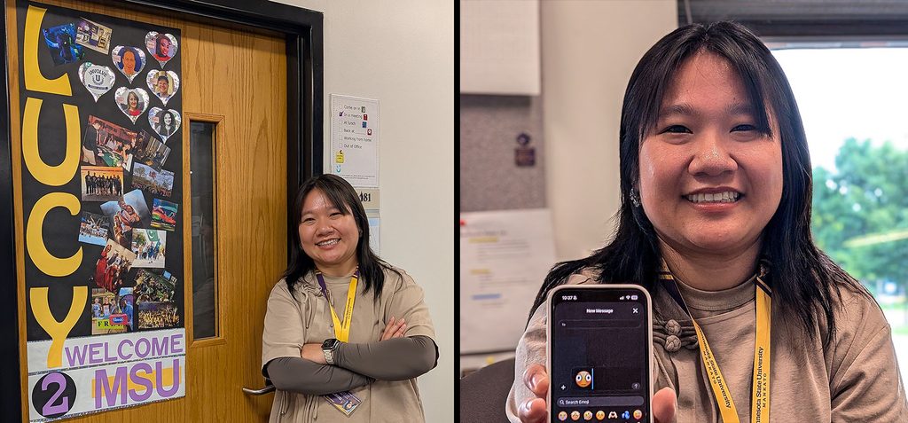 A dual image. The left side features Lucy posing in front of her decorated office door. The right side displays Lucy smiling as she shows her phone displaying her favorite emoji - the shocked face.