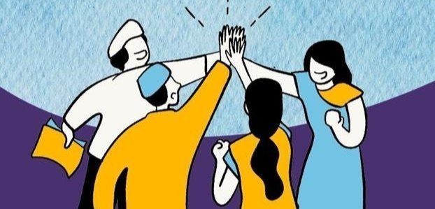 Drawing of four people high-fiving to show teamwork.