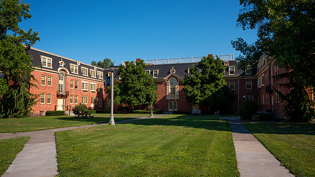 The exterior of Prentiss Hall, a brick multistory residence hall