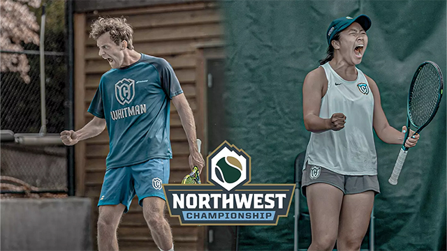 A Northwest Championship logo is overlaid on two photos of Whitman tennis players yelling with racquets in their hands