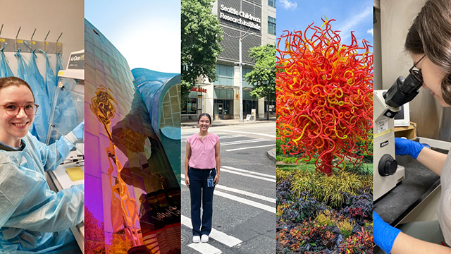 Five vertical photos depicting Seattle landmarks and Whitman students at Seattle internships