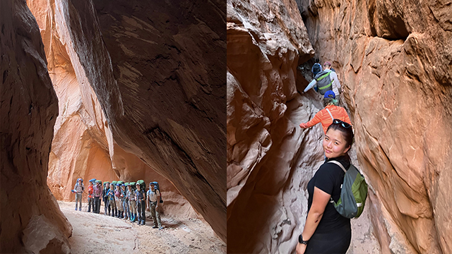 Two side-by-side images of hikers on narrow canyon trails
