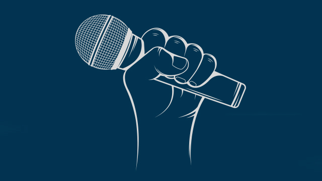 A white illustration of a hand holding a microphone on a dark blue background
