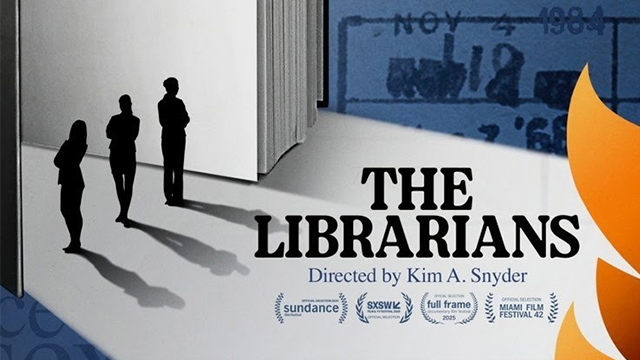 An illustration of three silhouetted figures standing next to a giant open book and the text “The Librarians, Directed by Kim A. Snyder”