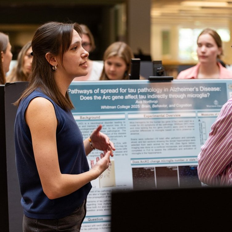 A student stands next to a research poster while talking to a visitor
