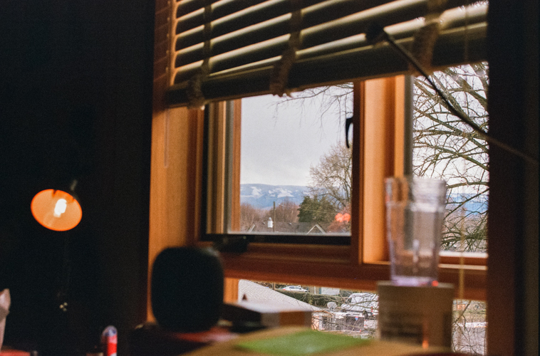 The view from inside a student’s residence with a view of the Blue Mountains in the distance
