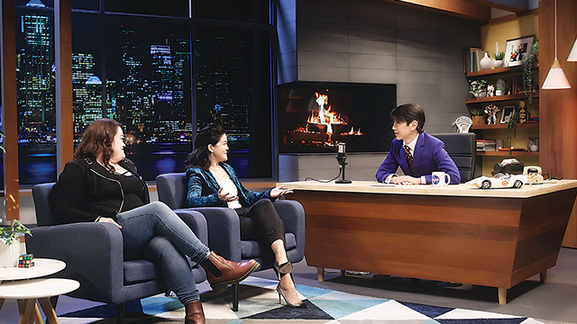 Jonathan Sposato (right) and two guests on a late-night TV show set