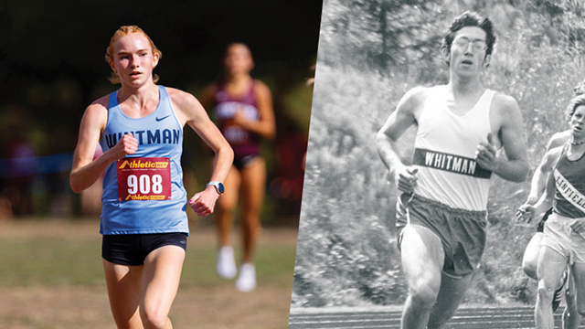 Split image: on the left, a color photo of Ella Harrington ’28 running; on the right a black and white photo of John Leier ’74 running