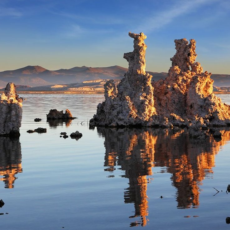 Rock formations in Mono Lake at sunset
