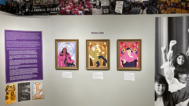 Three framed illustrations on a gallery wall underneath the words “Michaela Oteri”