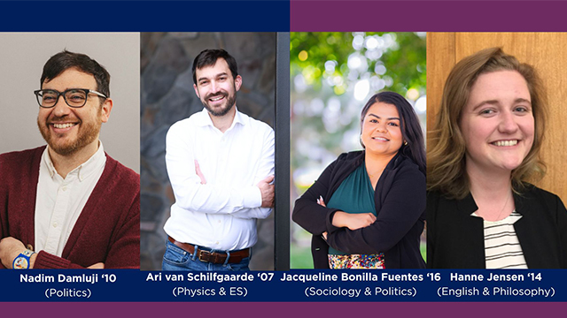 Profiles of four alumni (from left): Nadim Damluji ’10, Ari van Schilfgaarde ’07, Jaqueline Bonilla Fuentes ’16 and Hanne Jensen ’14