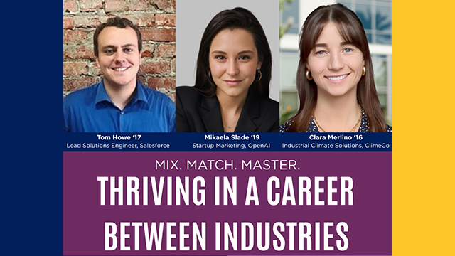 A portion of the event poster with images of three alumni above the title: “Mix. Match. Master. Thriving in a Career Between Industries”