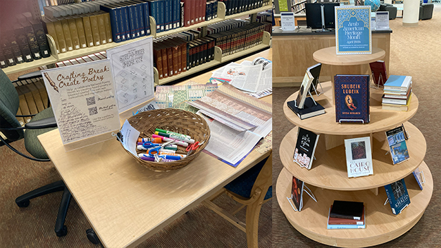 Two photos of books and crafting supplies on display in the library