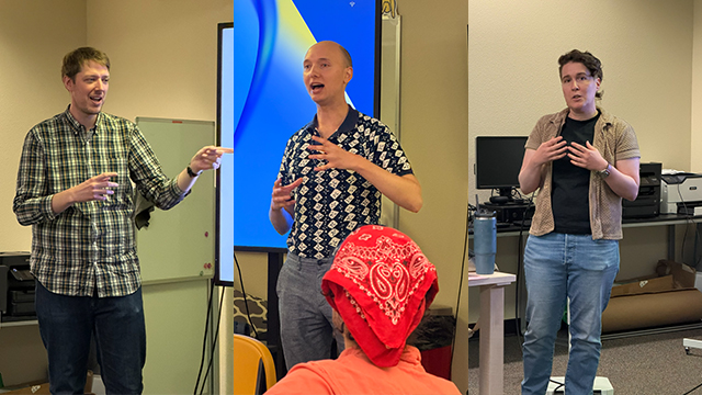 Three photos of Greg Hansen (left), Arthur Shemitz (center) and Aileen Keown Vaux (right), each presenting in a classroom setting