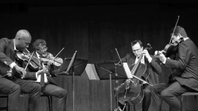 Black-and-white photo of four members of a string quartet performing on stage