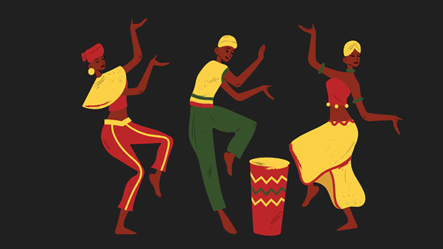 An illustration of three African dancers and a drum on a black background