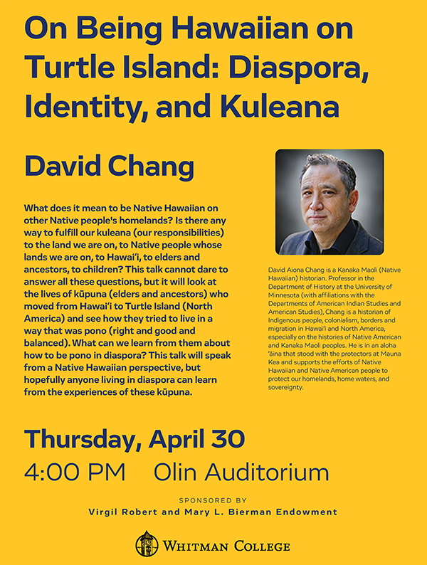 A yellow flyer with blue text describing the “On Being Hawaiian” event and a photo of David Aiona Chang