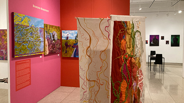 Several displays of art in the Sheehan Gallery space