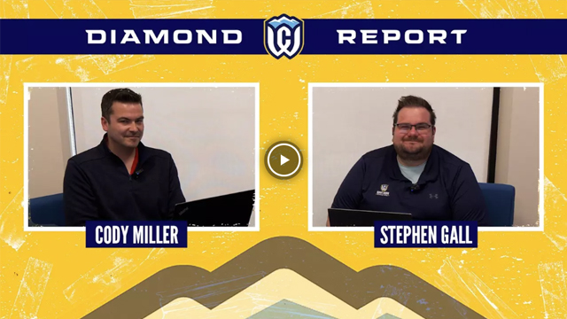 A yellow and blue illustrated background with the text “Diamond Report” and photos of Cody Miller and Stephen Gall