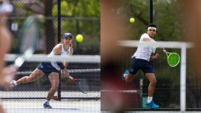 Two photos of Whitman tennis players hitting the ball