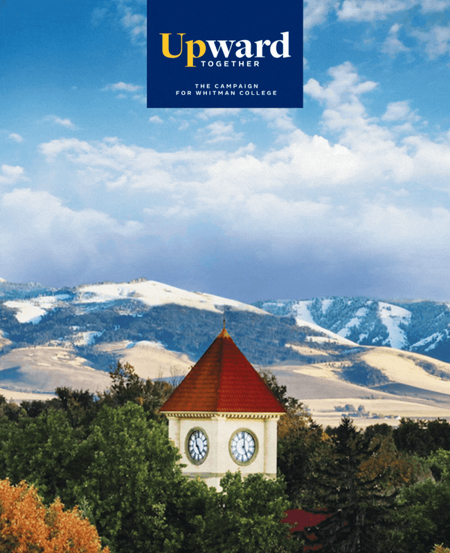 The Memorial Building clock tower in front of the Blue Mountains with text that reads: What You Made Possible
