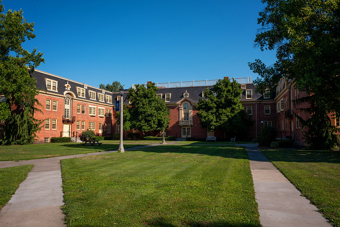 The north-facing exterior of Prentiss Hall with a wing on each side