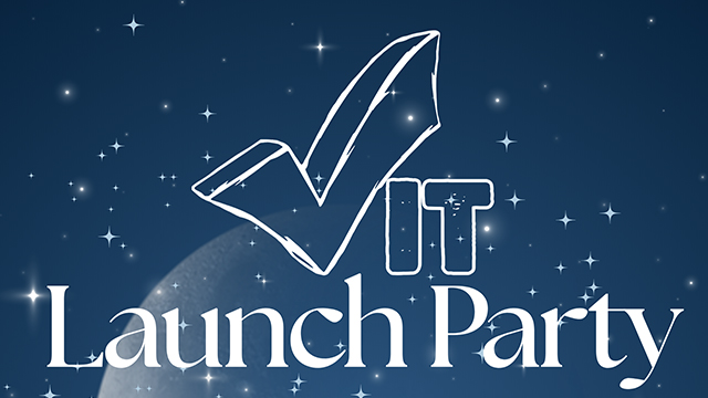 CHECK IT logo and white text “Launch Party” on a starry blue-gray background