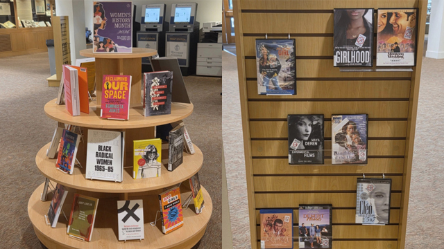 Split image showing two displays of books and films
