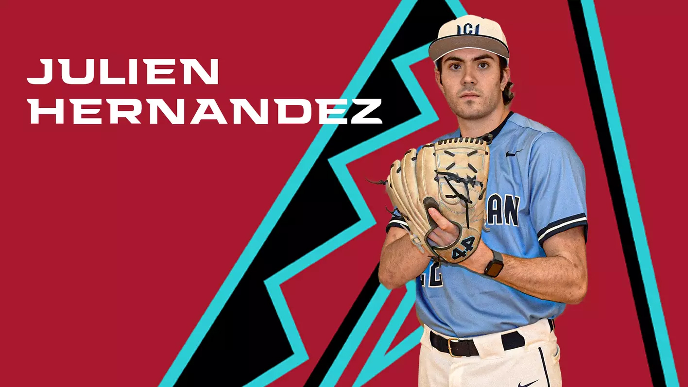 A photo of Julien Hernandez wearing Whitman baseball gear on top of an Arizona Diamondbacks themed illustrated background and his name in white text