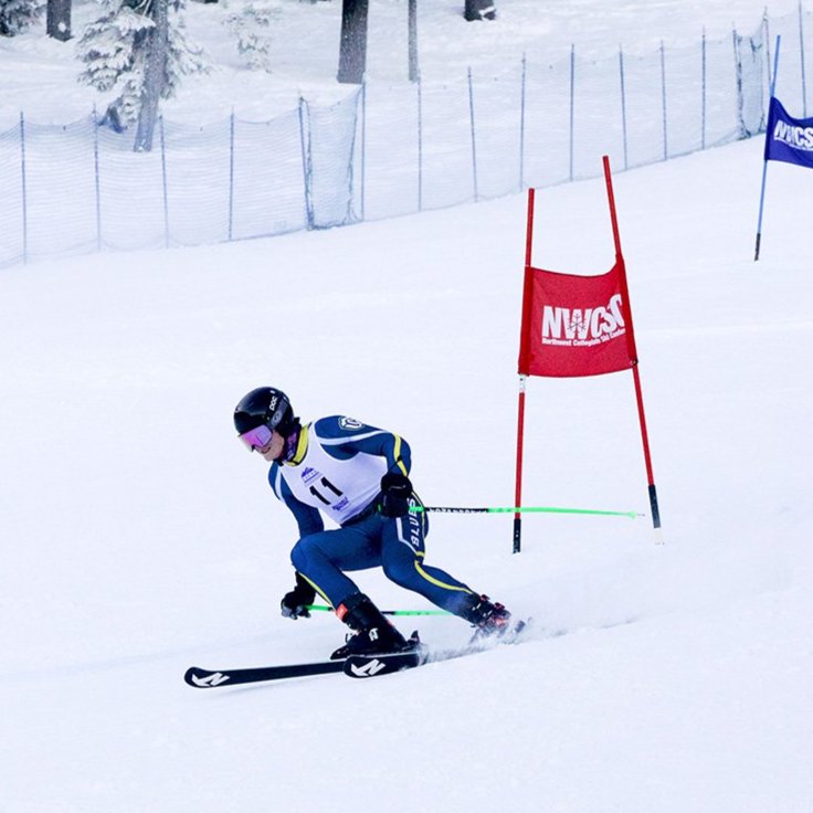 An alpine skier in a Whitman College uniform skis around gates with red and blue NWCSC flags. 