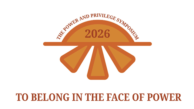 Orange Power & Privilege Symposium logo and orange text “To Belong in the Face of Power” on a white background
