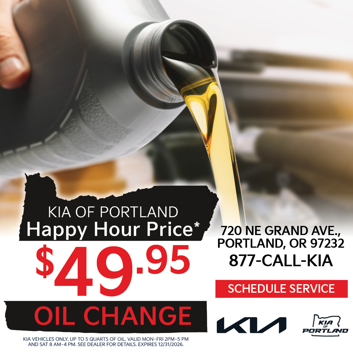 Kia of Portland oil change Service Happy Hour promotional banner