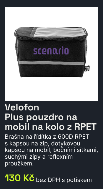 Velofon Plus pouzdro na mobil na kolo z RPET / Brašna na řídítka z 600D RPET  s kapsou na zip, dotykovou kapsou na mobil, bočními síťkami, suchými zipy a reflexním proužkem. / 130Kč bez DPH s potiskem