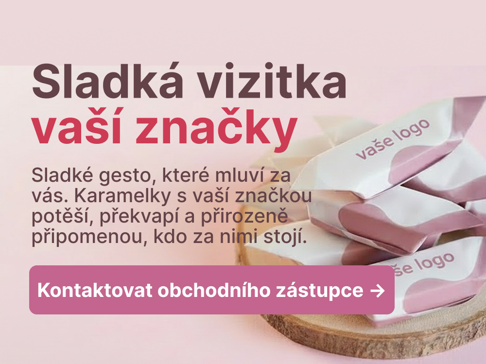 Sladká vizitka vaší značky, Sladké gesto, které mluví za vás. Karamelky s vaší značkou potěší, překvapí a přirozeně připomenou, kdo za nimi stojí., Kontaktovat obchodního zástupce → Sladká vizitka vaší značky, Sladké gesto, které mluví za vás. Karamelky s vaší značkou potěší, překvapí a přirozeně připomenou, kdo za nimi stojí., Kontaktovat obchodního zástupce →