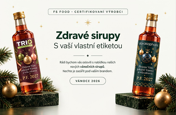 Zdravé sirupy s vaší vlastní etiketou. Nabídka nových vánočních sirupů pod vlastním brandem. Vánoce 2026.