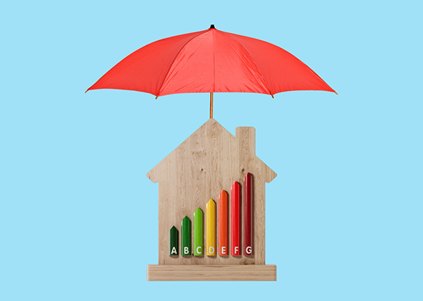  Image of a wood block shaped like a house with an umbrella covering it.
