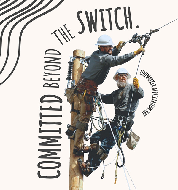 Illustration of two electric lineworkers performing work on an electric utility pole.