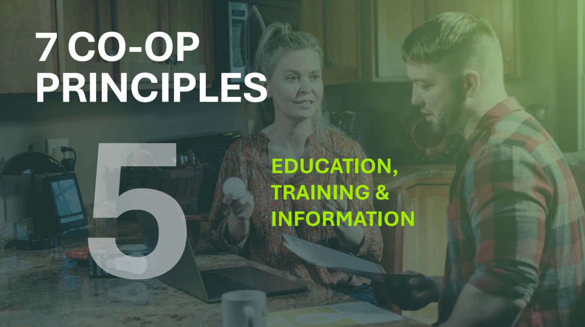 Decorative illustration of a woman holding a light bulb and talking with a man about energy efficiency. The text is displayed over the image and reads: “7 Co-op Principles; Education, Training, and Information”