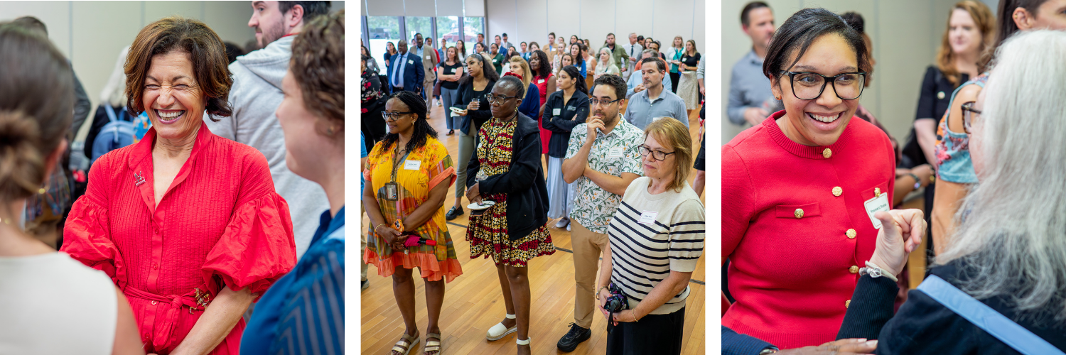 Photos of different staff smiling and socializing at the July social celebrating the integration of Enrollment Management into the Division of Academic Affairs.