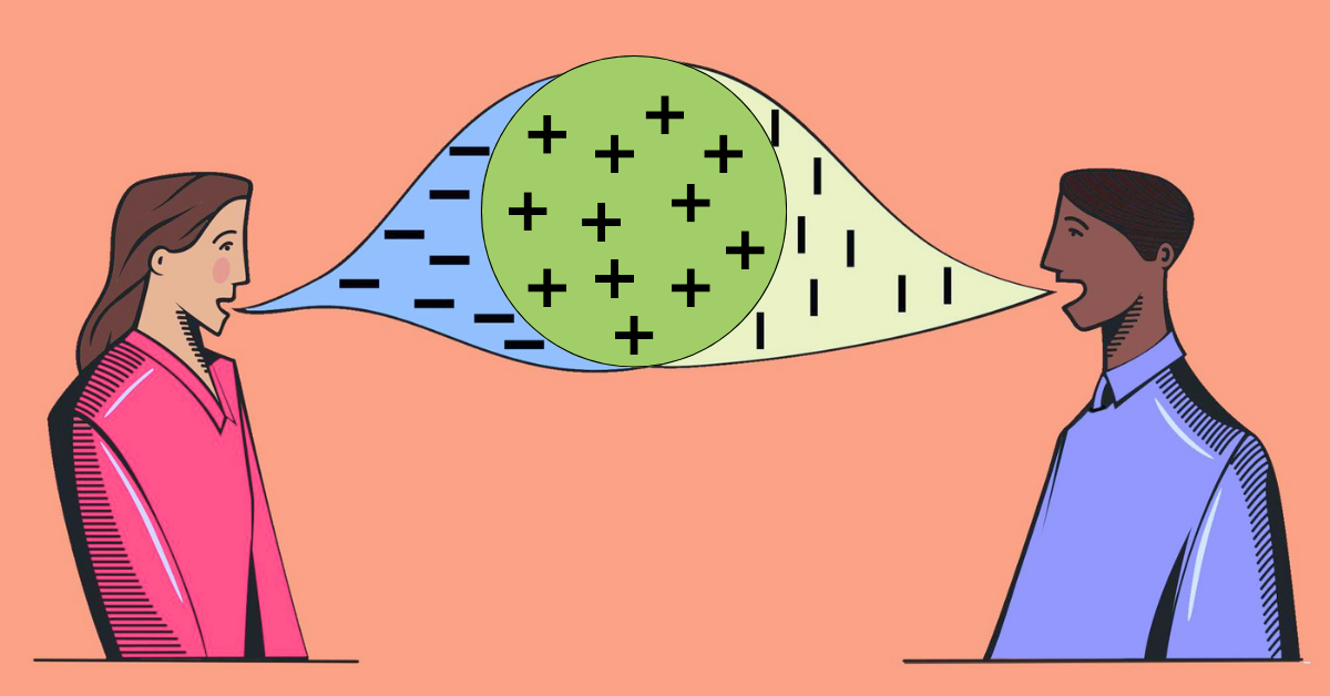 Illustration of two people speaking to each other, with overlapping colorful speech bubbles containing plus and minus symbols, representing an exchange of ideas or perspectives.