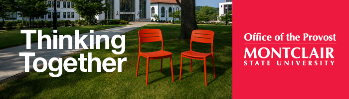 Banner image featuring two red chairs angled toward each other outside of a campus building with the words Thinking Together in big bold letters next to them.