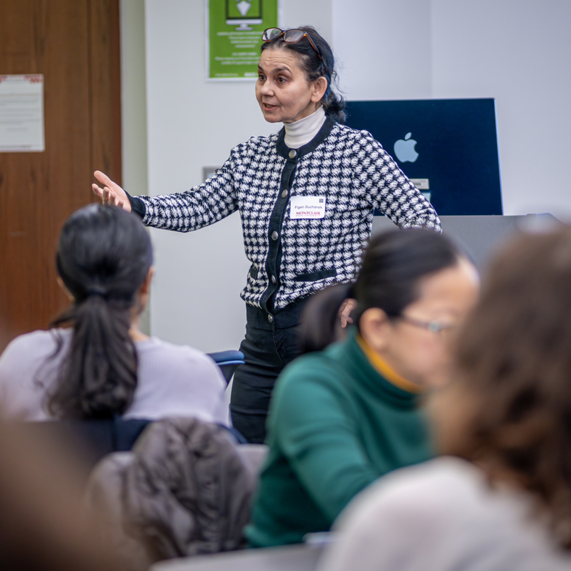 Professor speaks in front of her colleagues about teaching.