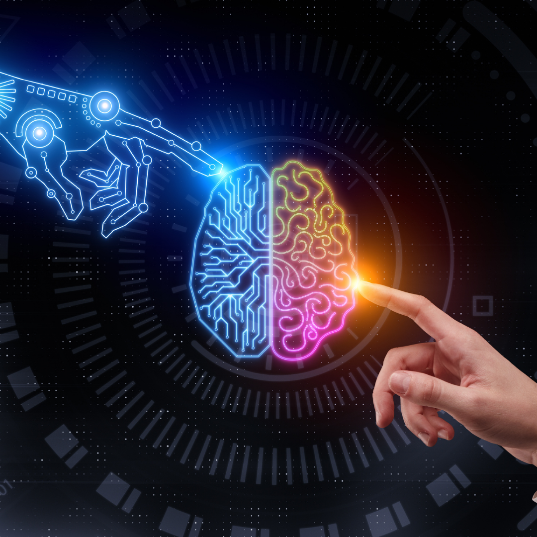 Human and digital fingers touching two halves of the same brain representing technical and creative thinking.