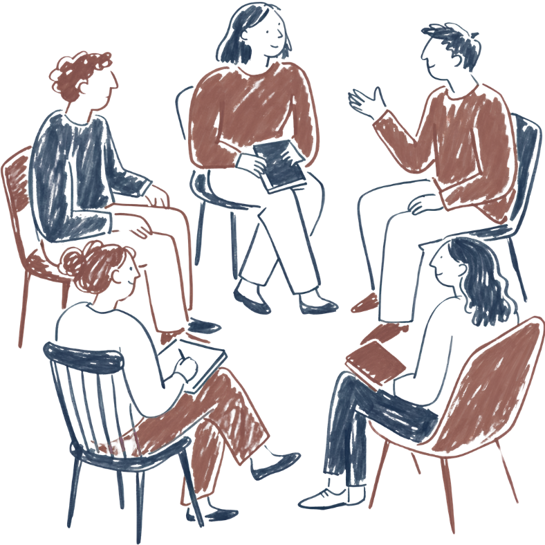 Sketch of five people sitting in a circle conversing with one another about ideas.