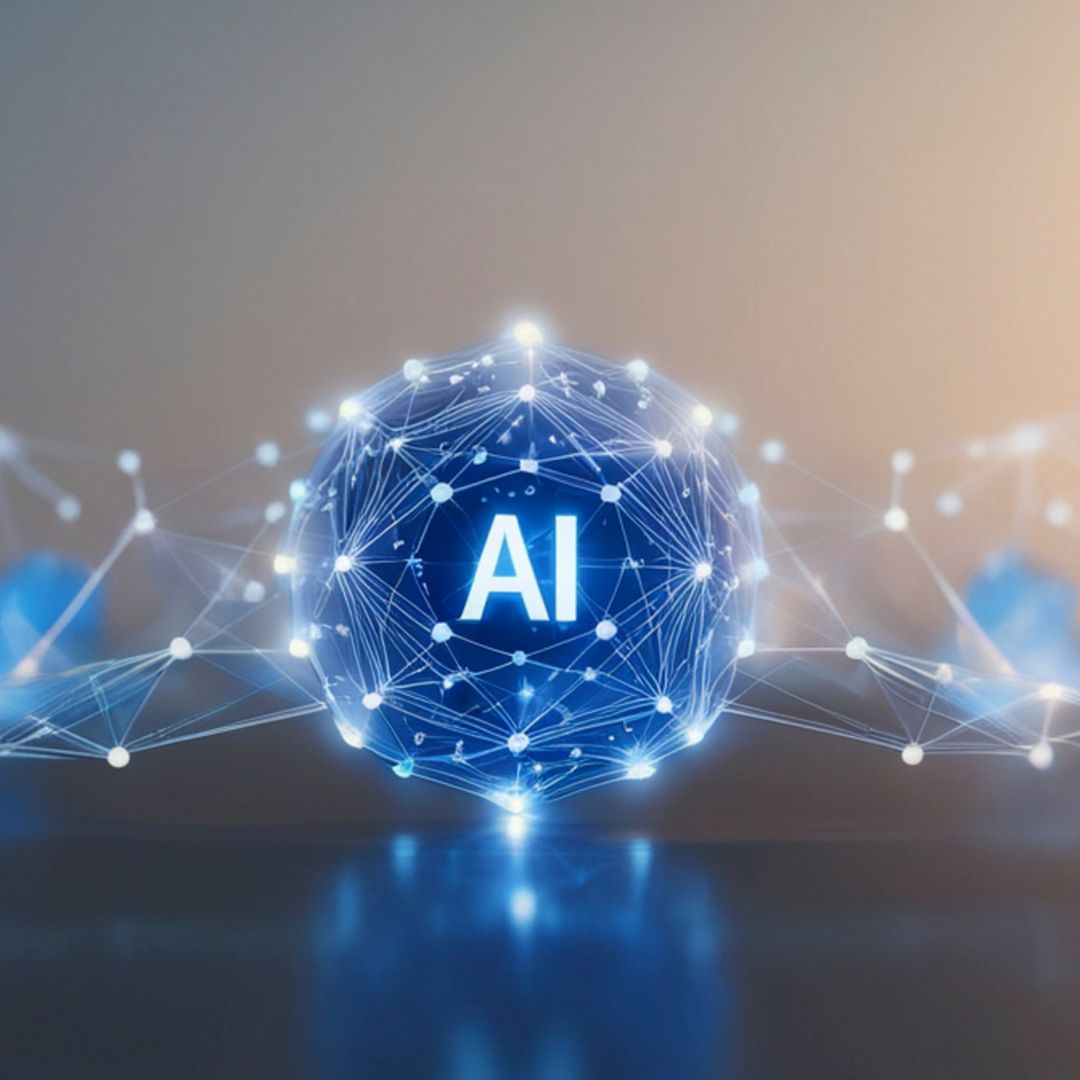 Technology network points merging into one forming AI in the center.