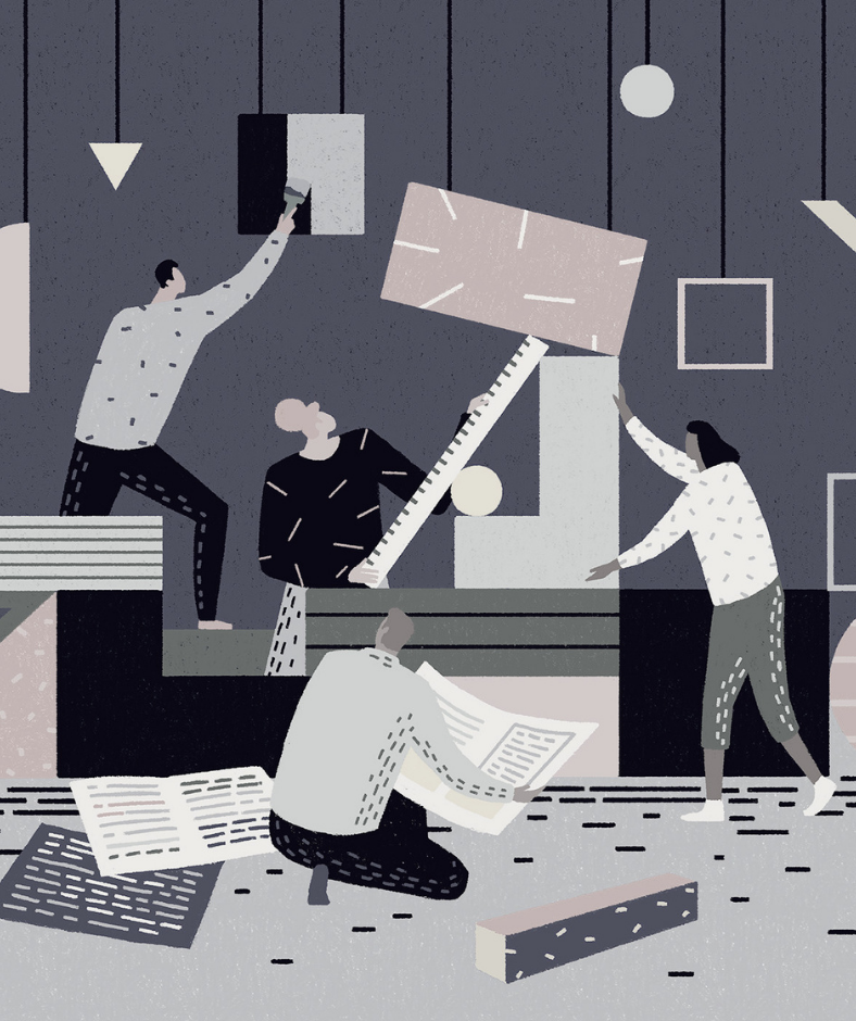 Illustration of four people working together to build something.