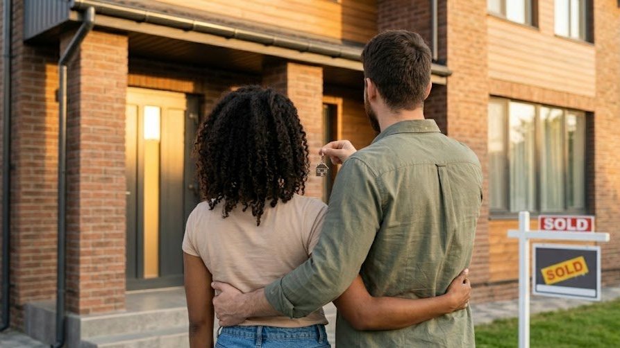 Couple standing in front of purchased home