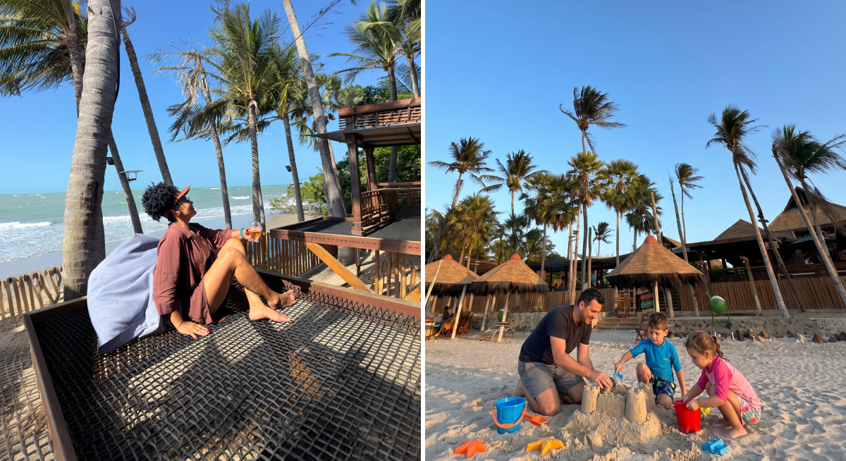 Duas fotos. Na esquerda, um homem deitado em uma rede na praia. Na direita, um pai e duas crianças brincando na areia da praia.
