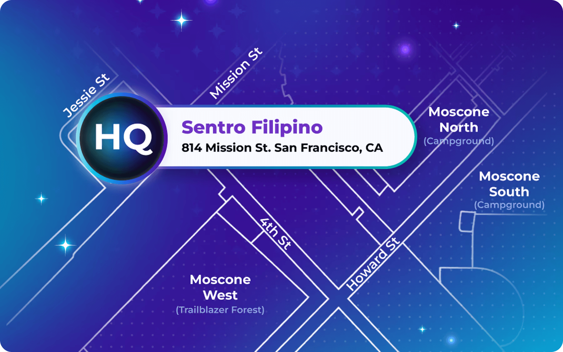 Map showing Copado Dreamforce HQ at Sentro Filipino, 814 Mission St, a three-minute walk from Moscone West