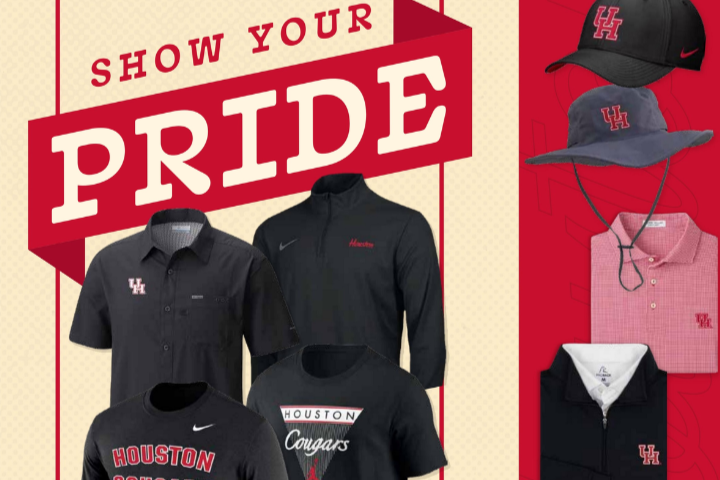A group of UH shirts and hats. There is text in red that says Show Your Pride.